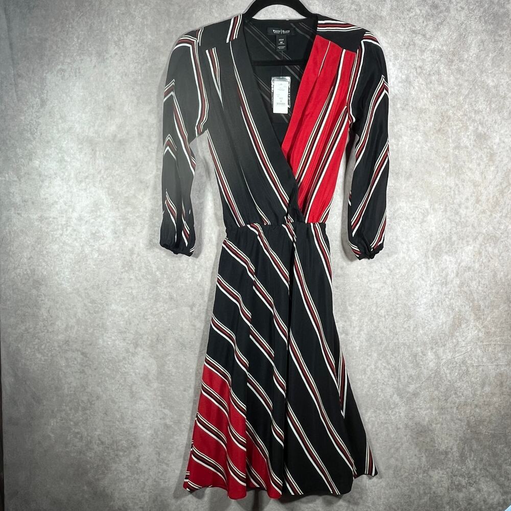 White House Black Market Dress Womens 00 Black Red Striped Silk Faux Wrap NEW